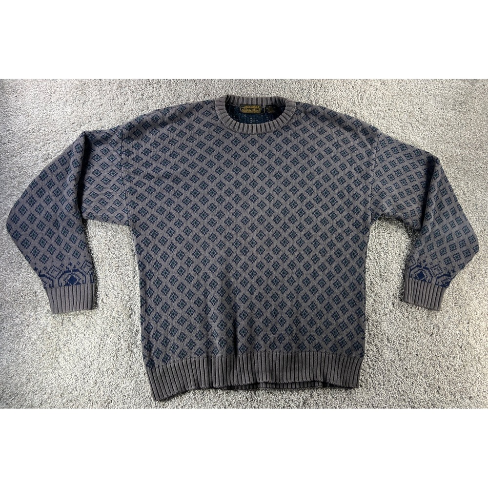 Vtg 90s Eddie Bauer Men XLT Gray Diamond Knit Cotton Crewneck Sweater Expedition